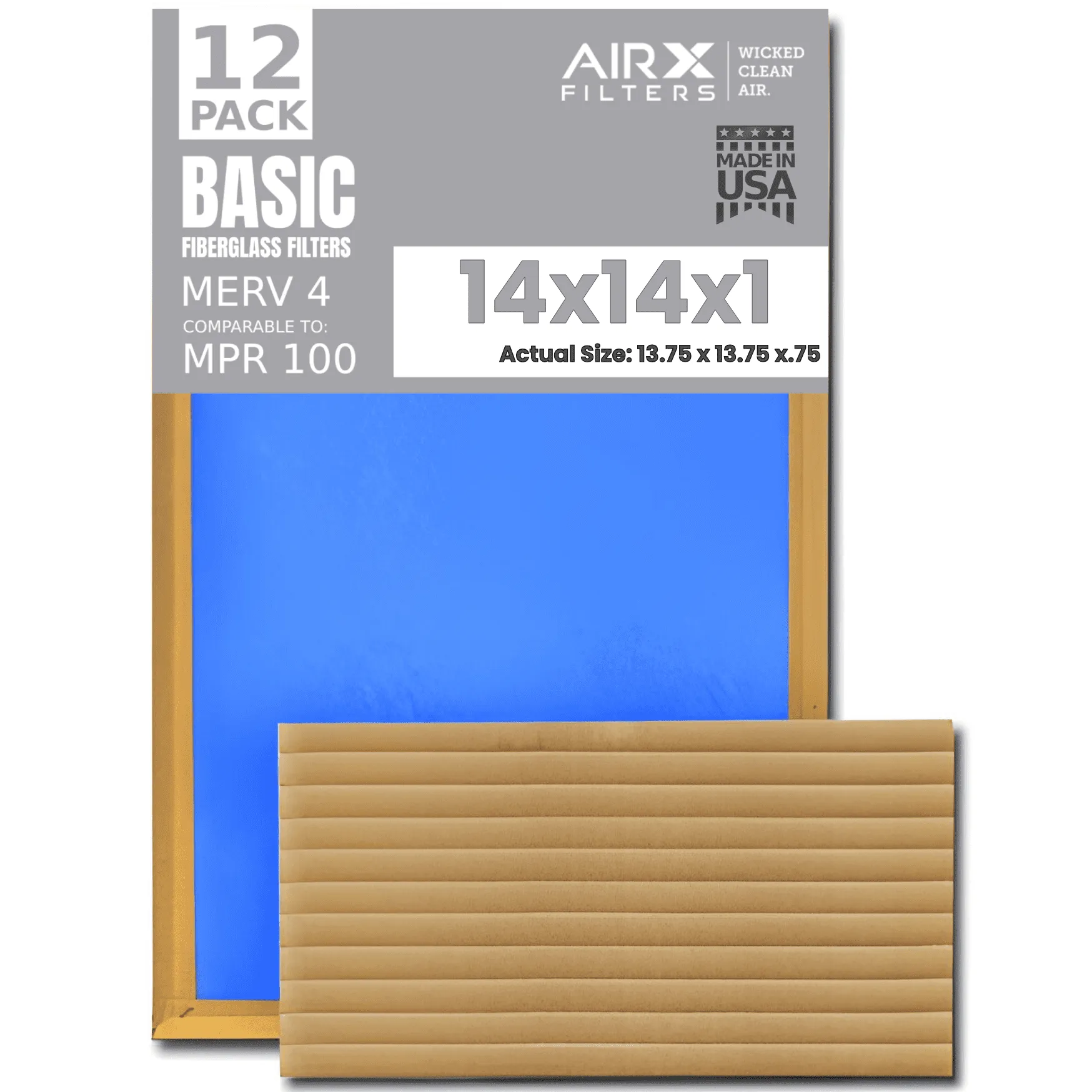 14x14x1 Air Filter Comparable to MPR 100 Basic Economy Furnace Filters, 12 Pack of Non Pleated Fiberglass Filter For Dust - Low Airflow Restriction! From AIRX FILTERS WICKED CLEAN AIR.