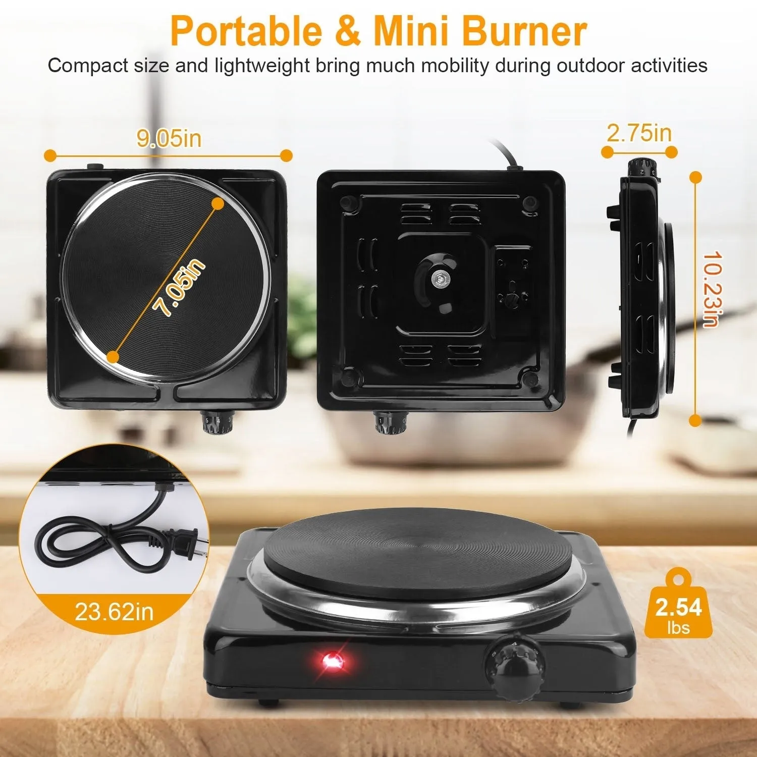 1500W Electric Hot Plate Portable Burner with 5 Temperature Settings Black Silver