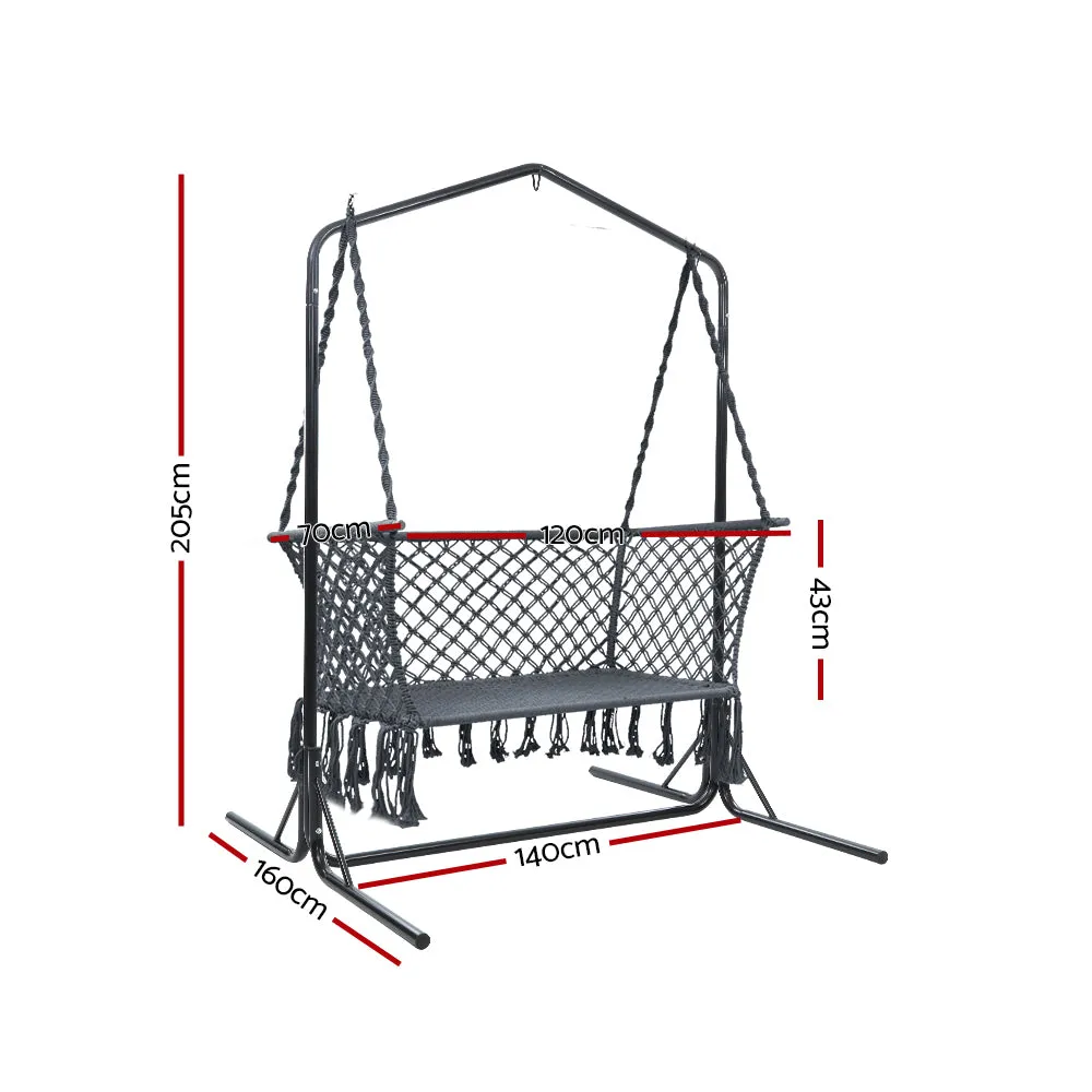 2-Seater Hammock Chair with Stand Macrame Outdoor Garden - Grey