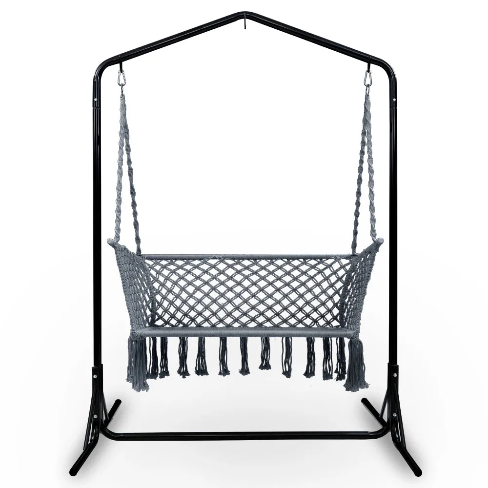 2-Seater Hammock Chair with Stand Macrame Outdoor Garden - Grey