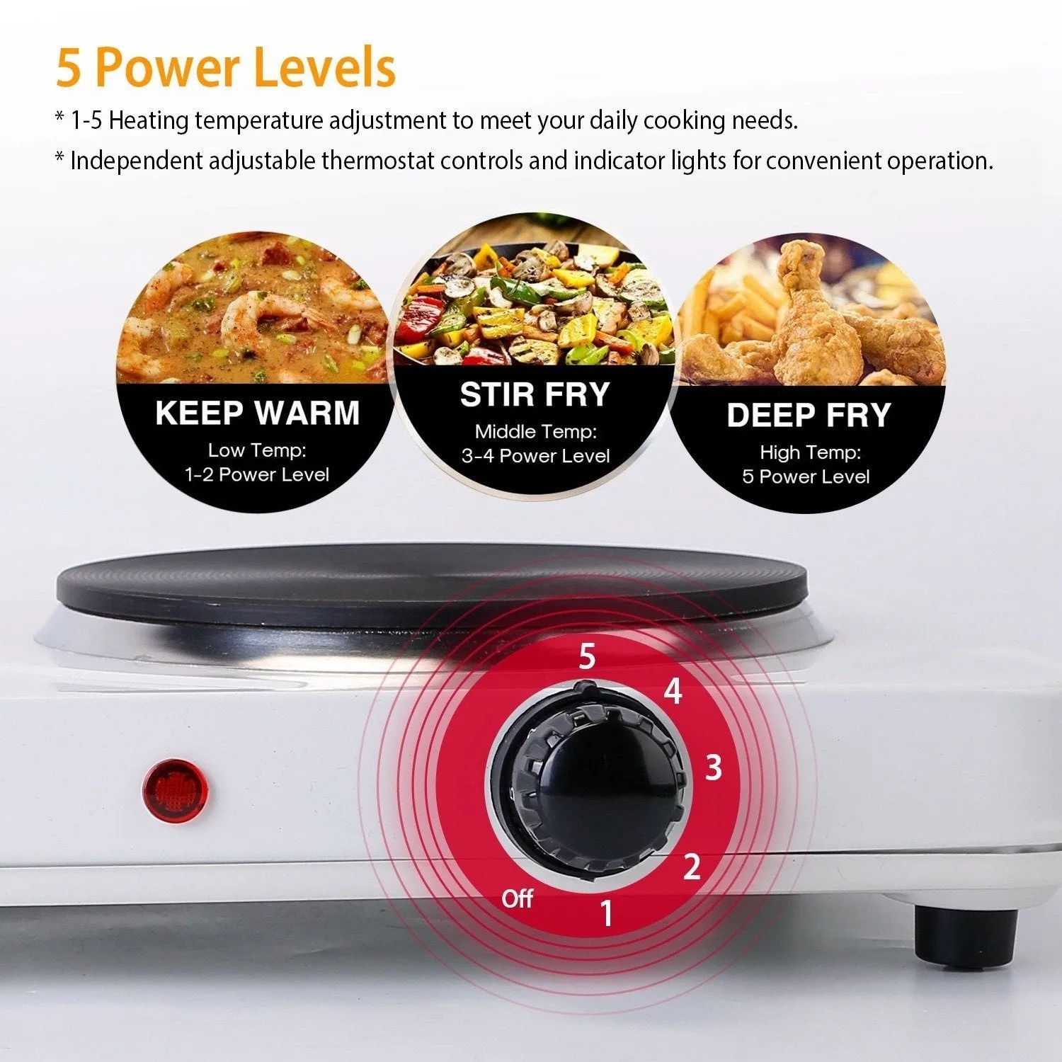 2000W Double Electric Burner Portable Hot Plate 2 Burners 5 Temperature Control White