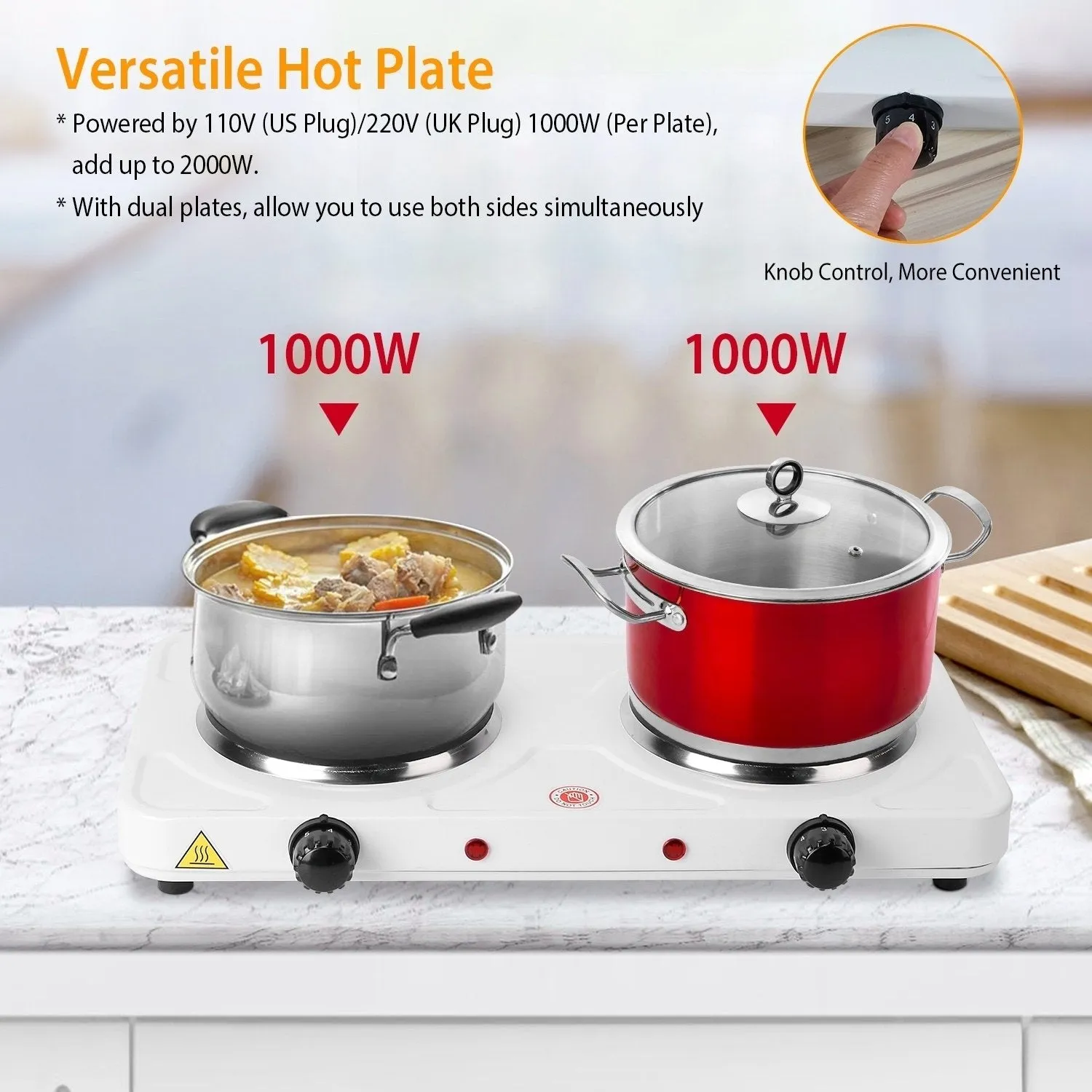 2000W Double Electric Burner Portable Hot Plate 2 Burners 5 Temperature Control White