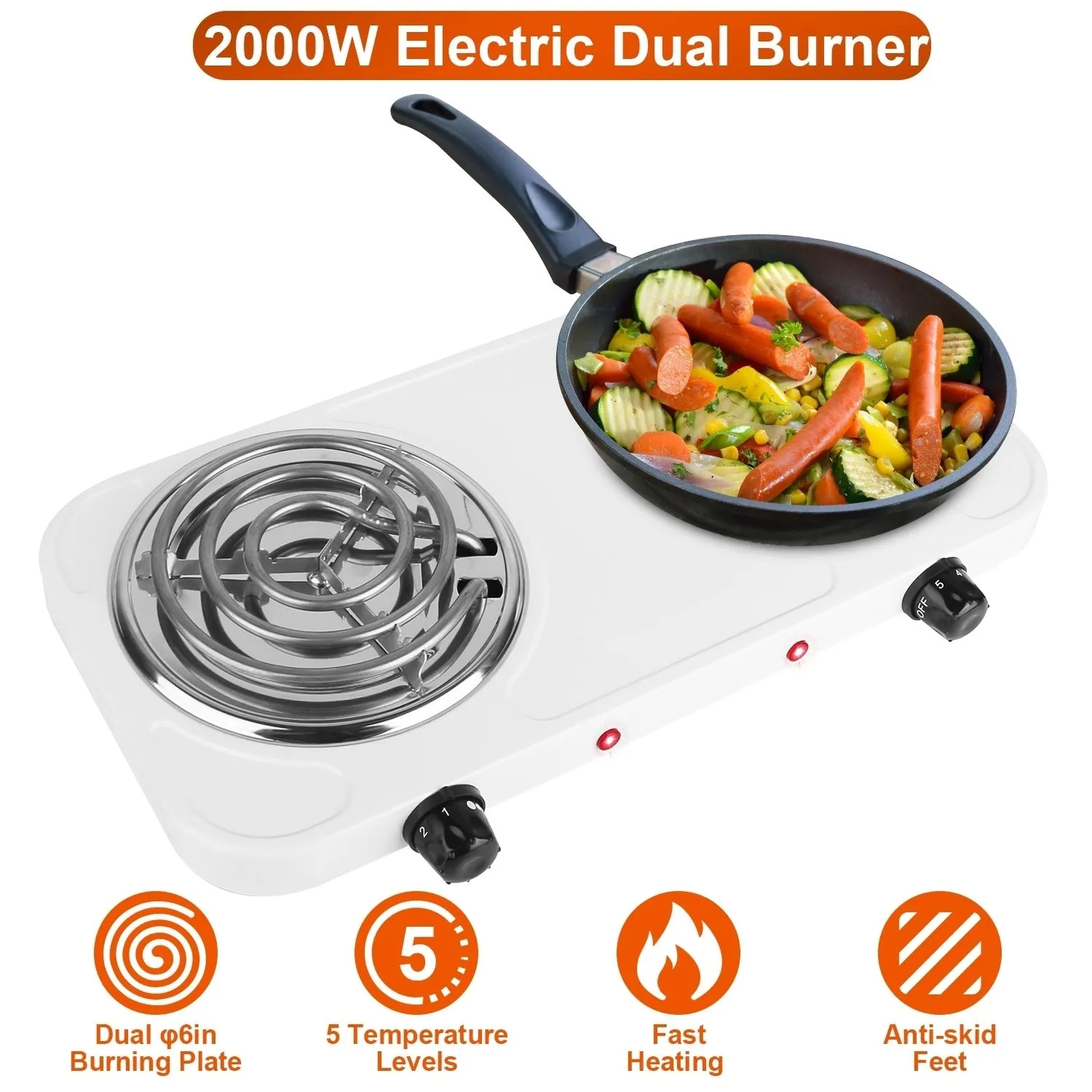 2000W Electric Double Burner Hot Plate Stove Portable Coil Adjustable Temperature