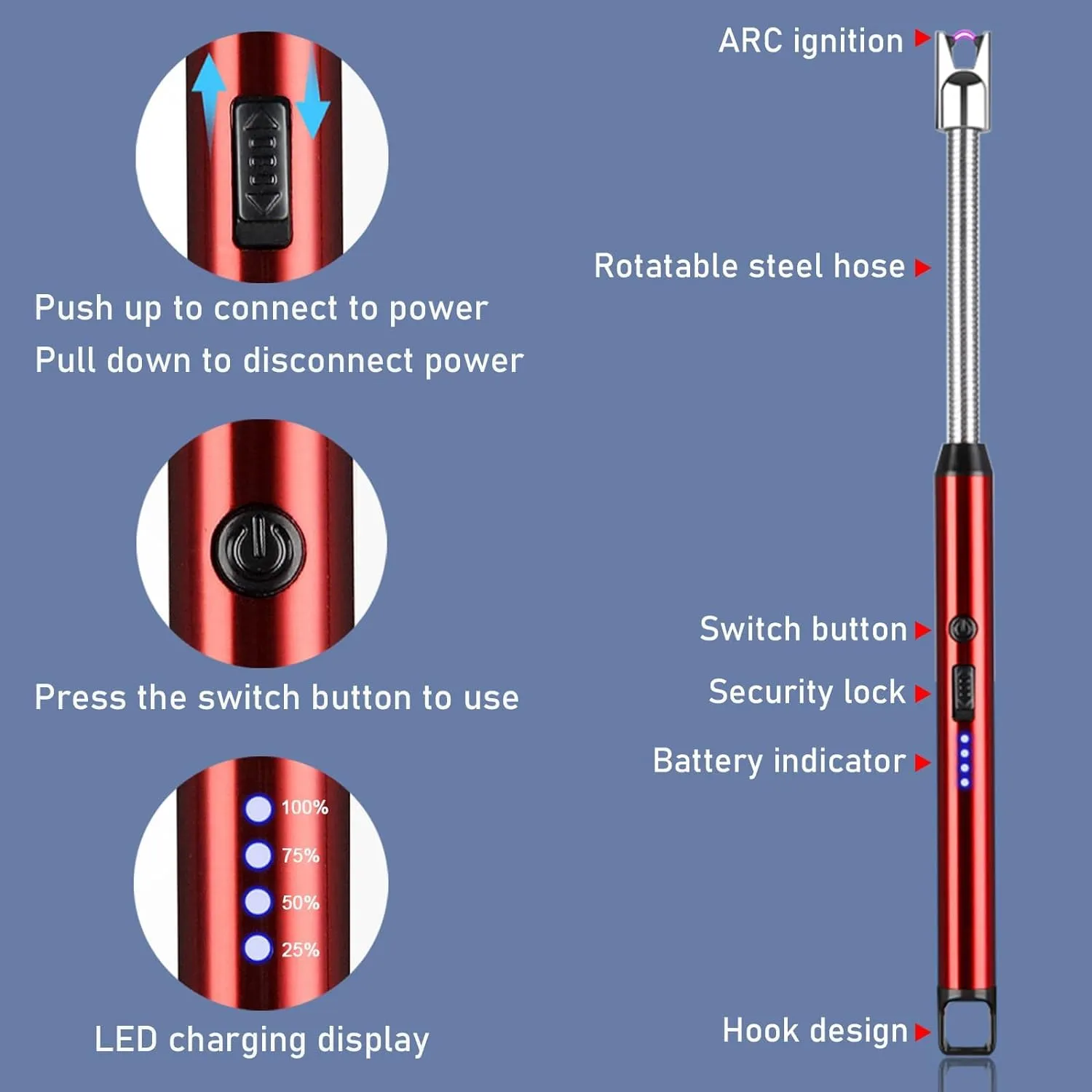 Arc Lighter Electric Rechargeable Gas Lighter - USB, Flameless, Windproof, 360° Flexible Neck