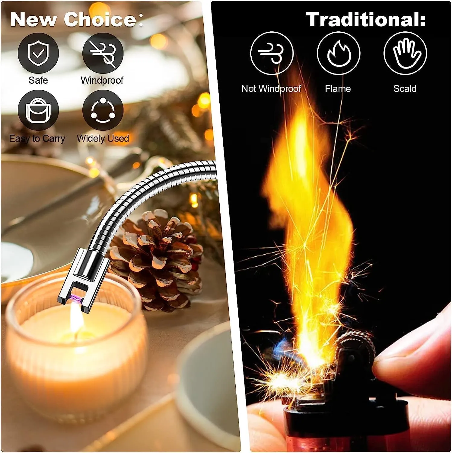 Arc Lighter Electric Rechargeable Gas Lighter - USB, Flameless, Windproof, 360° Flexible Neck