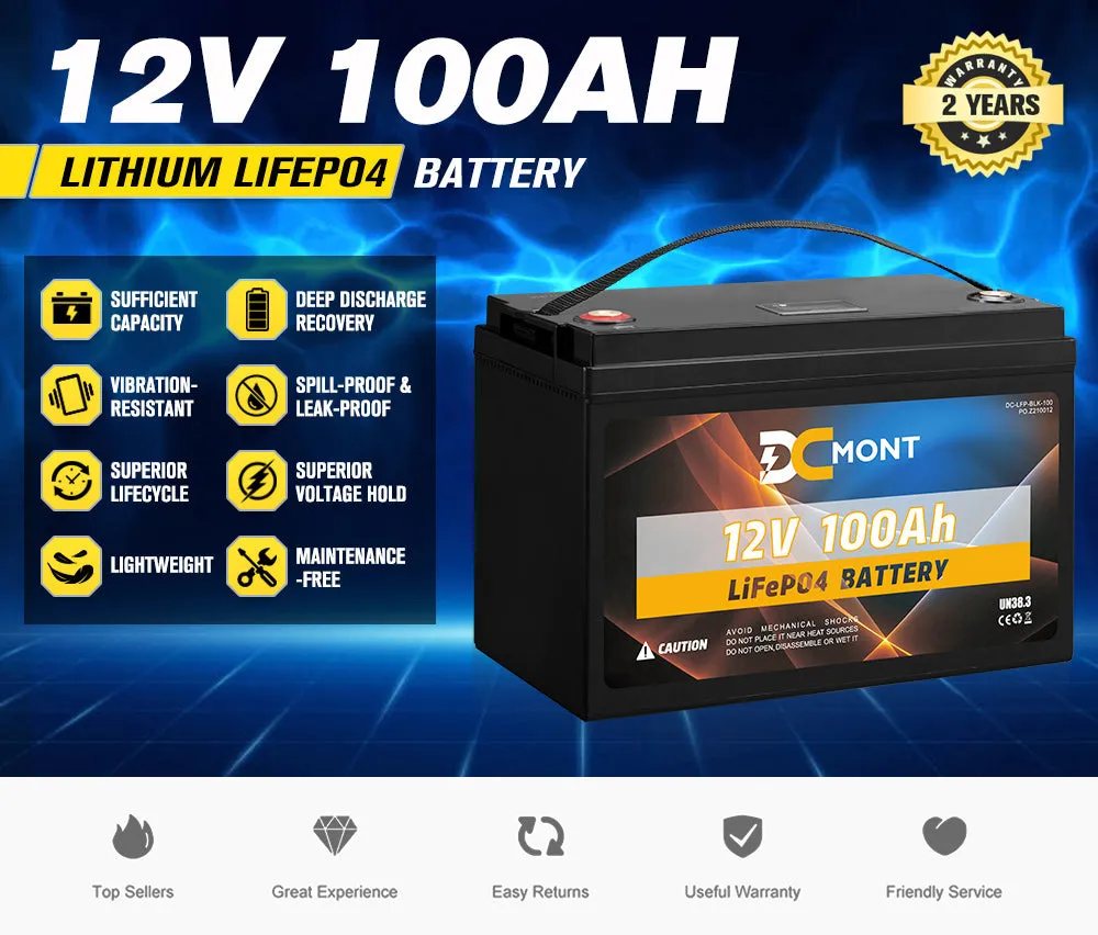 DC MONT 100Ah 12V Lithium Battery LiFePO4 Phosphate Deep Cycle Rechargeable