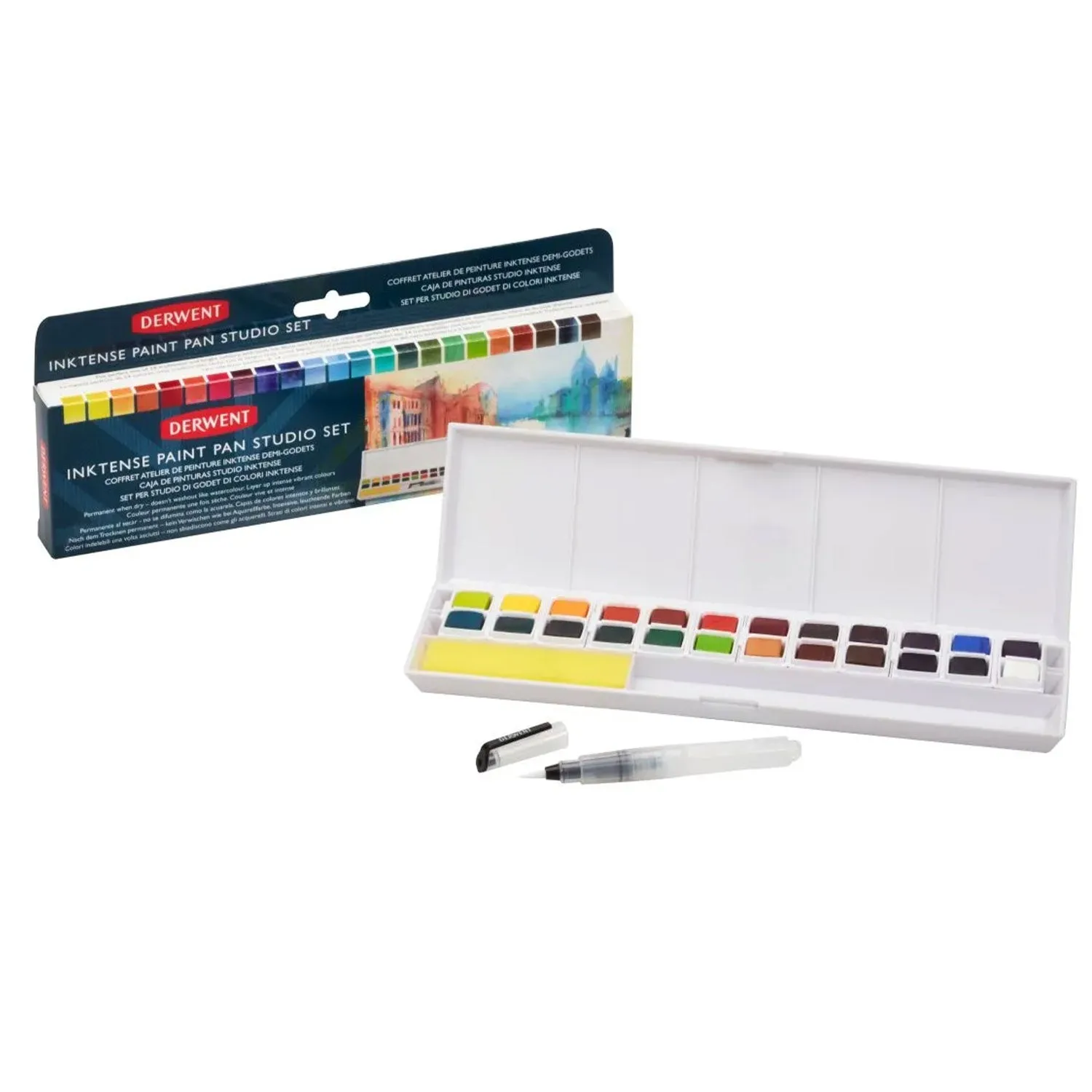 Derwent Inktense Paint Pan Studio Set - 24 Half Pans   Waterbrush