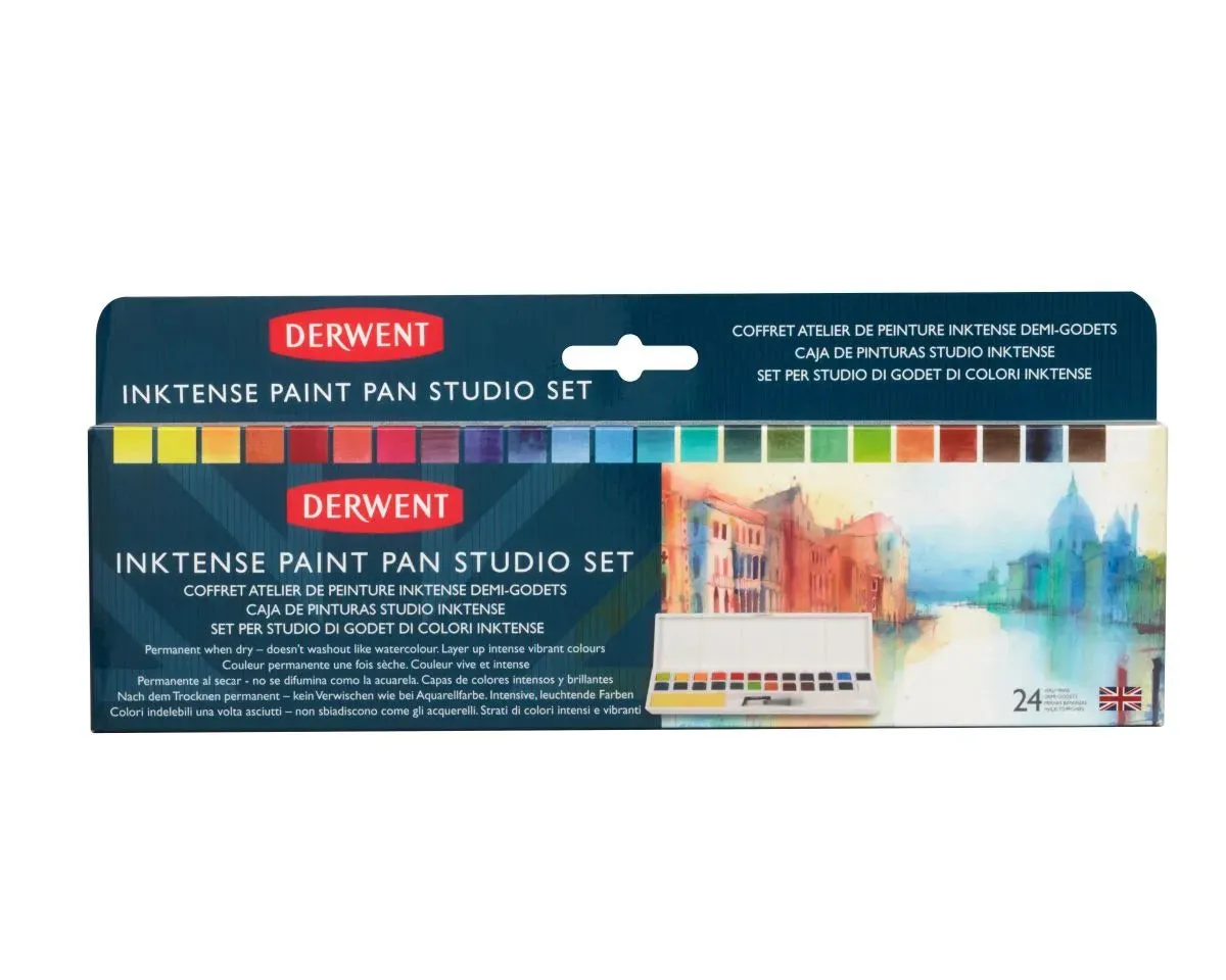 Derwent Inktense Paint Pan Studio Set - 24 Half Pans   Waterbrush