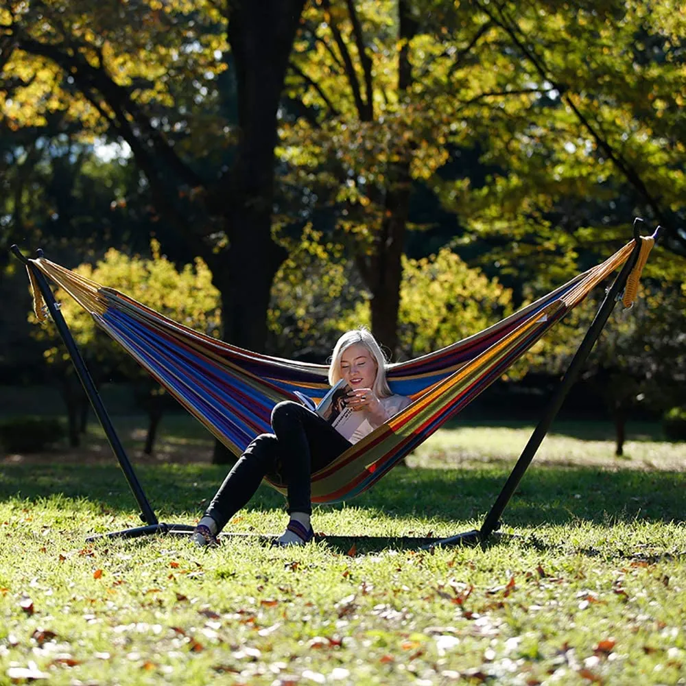 Double Cotton Hammock with Space Saving Steel Stand, 450 lb Capacity - Premium Carry Bag Included