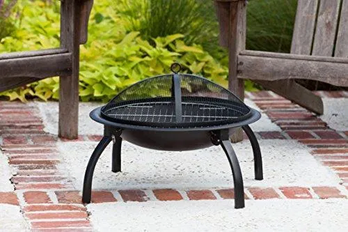 Fire Sense Portable Folding Round Black Steel 22 Inch Fire Pit with Carry Bag | Wood Burning | Mesh Spark Screen, Wood Grate, Cooking Grate, and Screen Lift Tool Included | Lightweight Patio