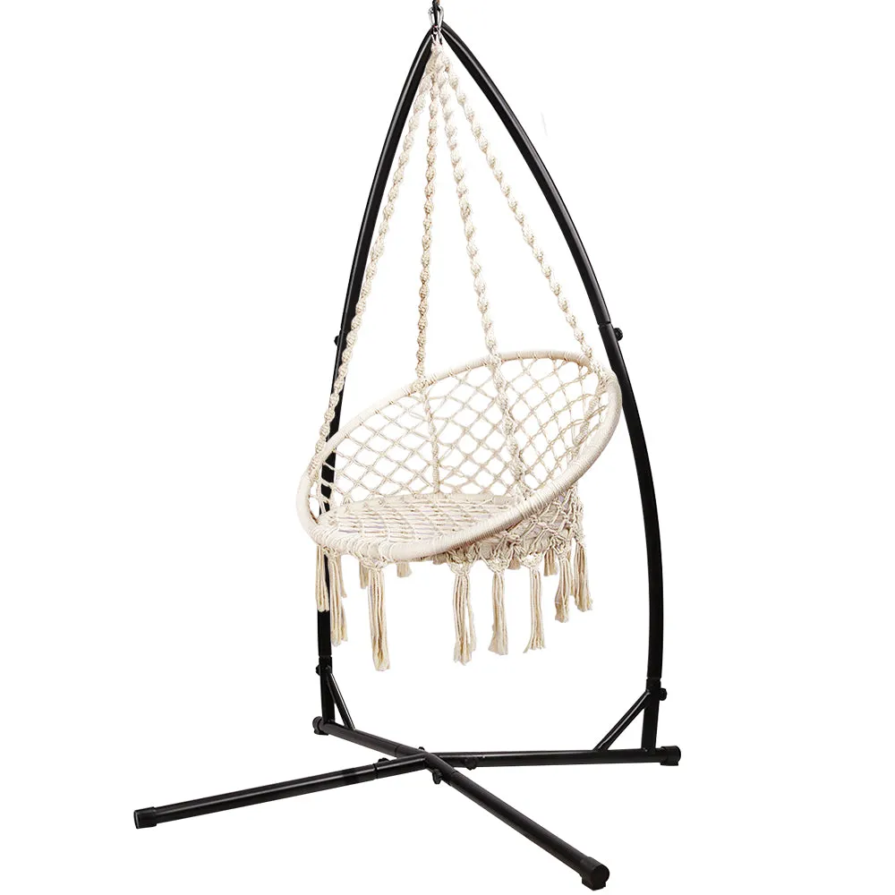 Hammock Chair with Steel Stand Macrame Outdoor Swinging - Cream