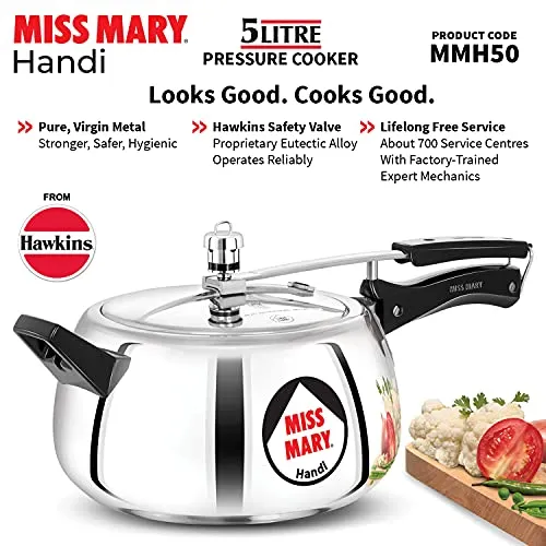 Hawkins 5 Litre Miss Mary Handi Pressure Cooker, Inner Lid Cooker, Silver (MMH50) (Aluminium)