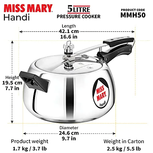 Hawkins 5 Litre Miss Mary Handi Pressure Cooker, Inner Lid Cooker, Silver (MMH50) (Aluminium)