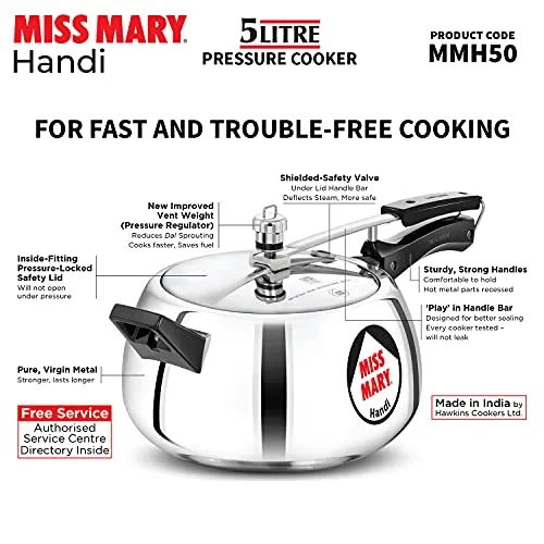 Hawkins 5 Litre Miss Mary Handi Pressure Cooker, Inner Lid Cooker, Silver (MMH50) (Aluminium)