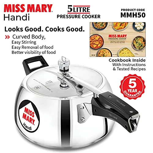 Hawkins 5 Litre Miss Mary Handi Pressure Cooker, Inner Lid Cooker, Silver (MMH50) (Aluminium)