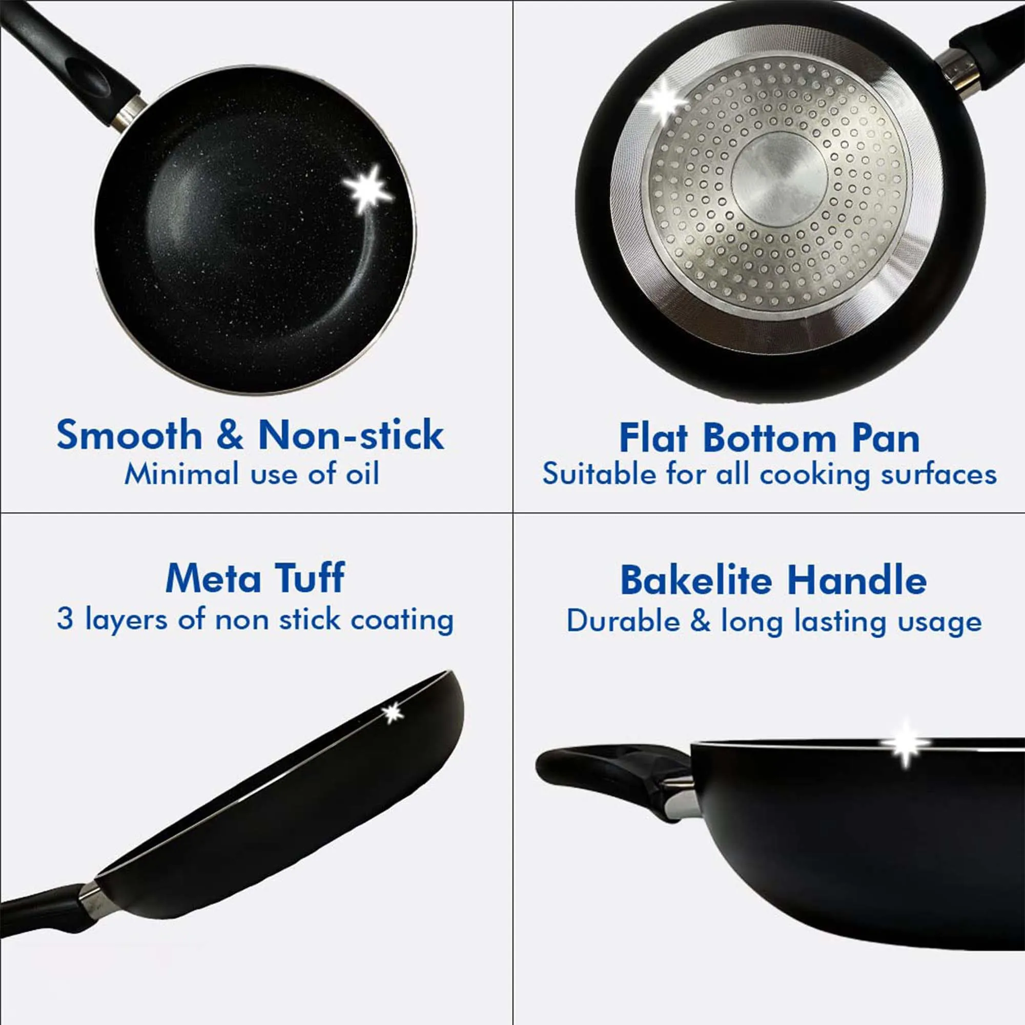 Kuber Industries 3 PCS Aluminium Cooking Set for Kitchen 24 cm Wok, 24 cm Fry Pan with Lid & 28 cm Tawa | Nonstick Induction Cookware Set | Kadhai, Frying Pan & Tawa Utensils Set | Black