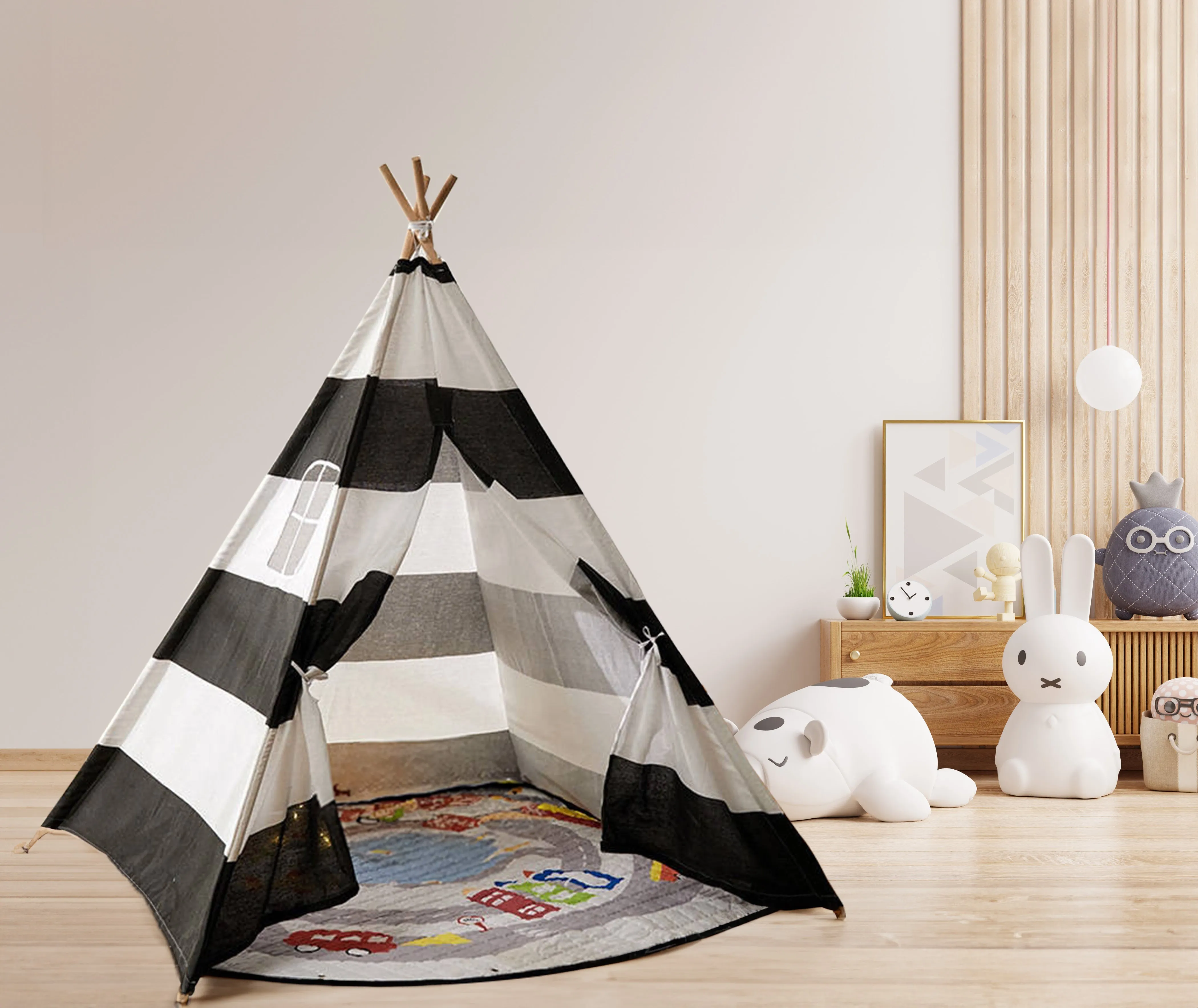 Large Foldable Kids Canvas Teepee Play Tent With Lights ( Black & White )