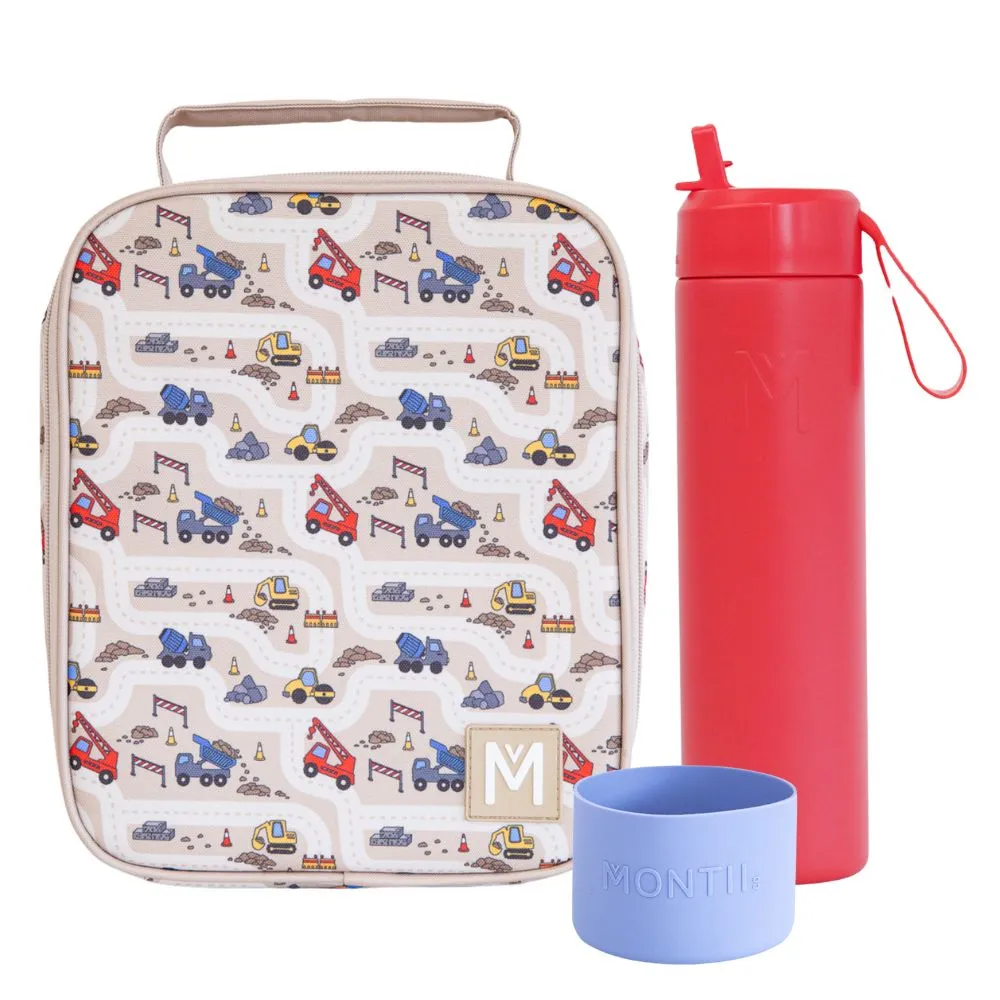 MontiiCo Large Lunch Bag & Sipper Bottle Bundle - Bonus Bumper! - Construction