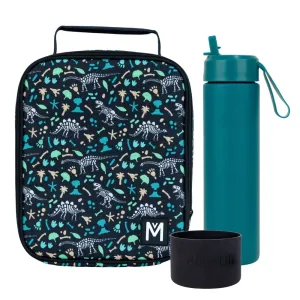 MontiiCo Large Lunch Bag & Sipper Bottle Bundle - Bonus Bumper! - Dinosaur Land Black