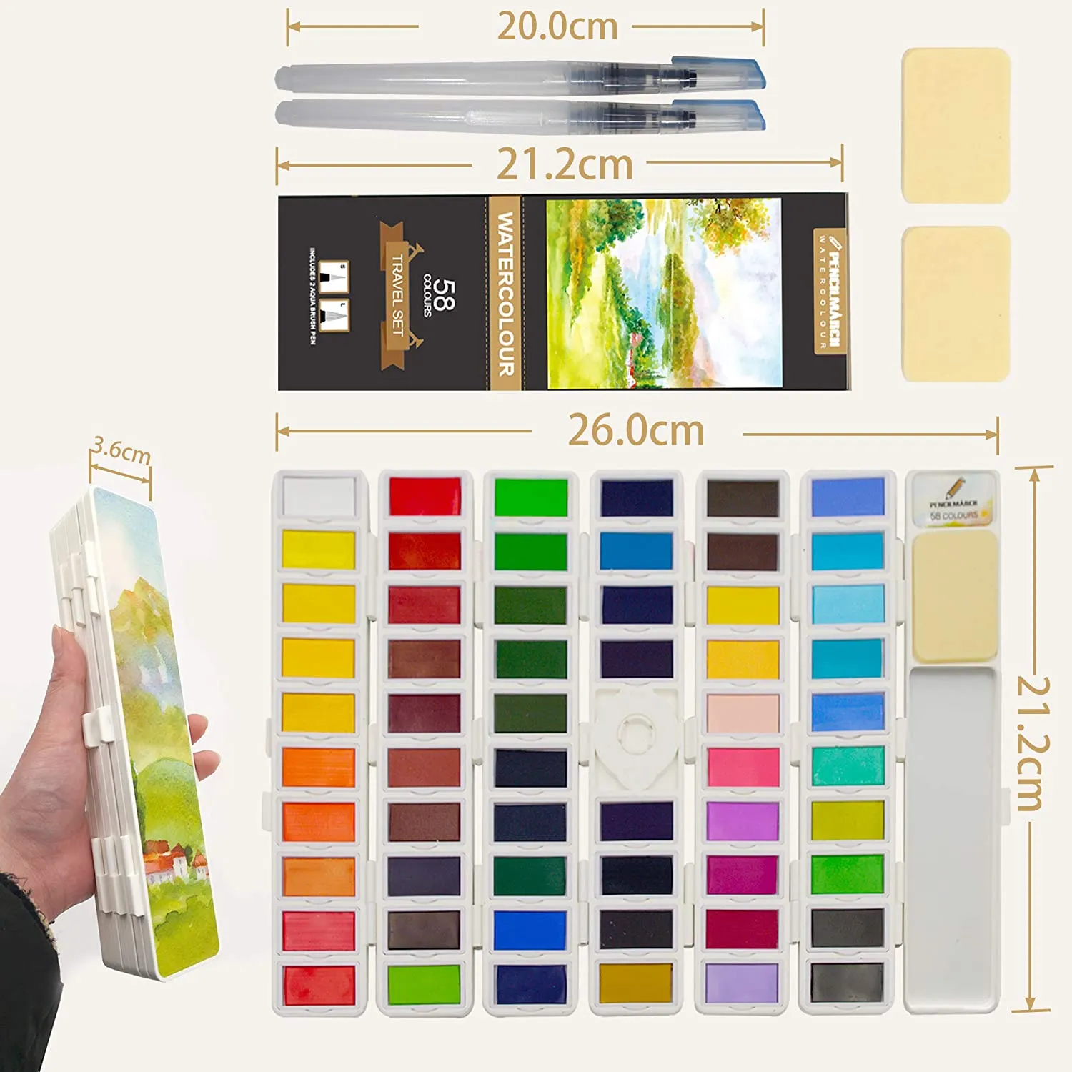 Pencilmarch Watercolour Paint Travel Set - 58 Colours   2 Aqua Brushes